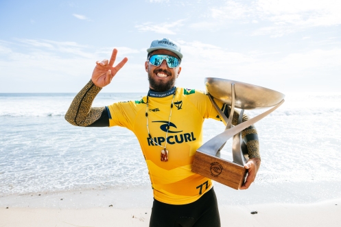 LOWER TRESTLES, CALIFORNIA, UNITED STATES - SEPTEMBER 9: WSL Champion Filipe Toledo of Brazil after winning the 2023 World Title at the Rip Curl WSL Finals on September 9, 2023 at Lower Trestles, California, United States. (Photo by Pat Nolan/World Surf League)